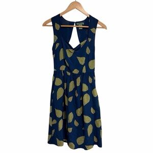 Anthropologie Maple 100% Silk Sleeveless Leaf Print Dress in Navy Blue Midi Boho